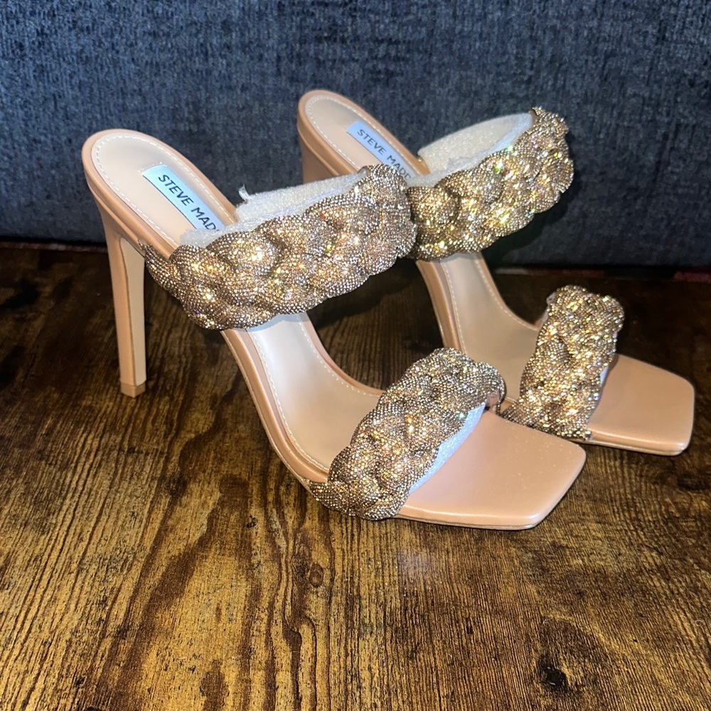 Steve Madden Kenley-R Rhinestone Braided Gold Sandal - Glam Square Toe Stiletto